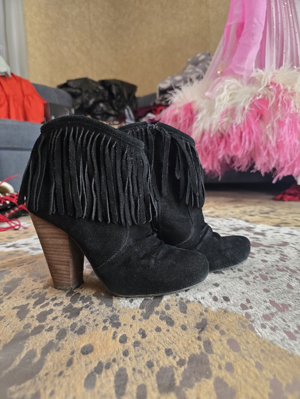 Restricted Black Suede Fringe Ankle Booties